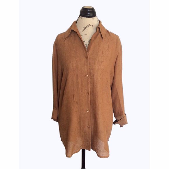 Coldwater Creek Blouse Size Medium Top Brown long Sleeve button down texture - Picture 1 of 12